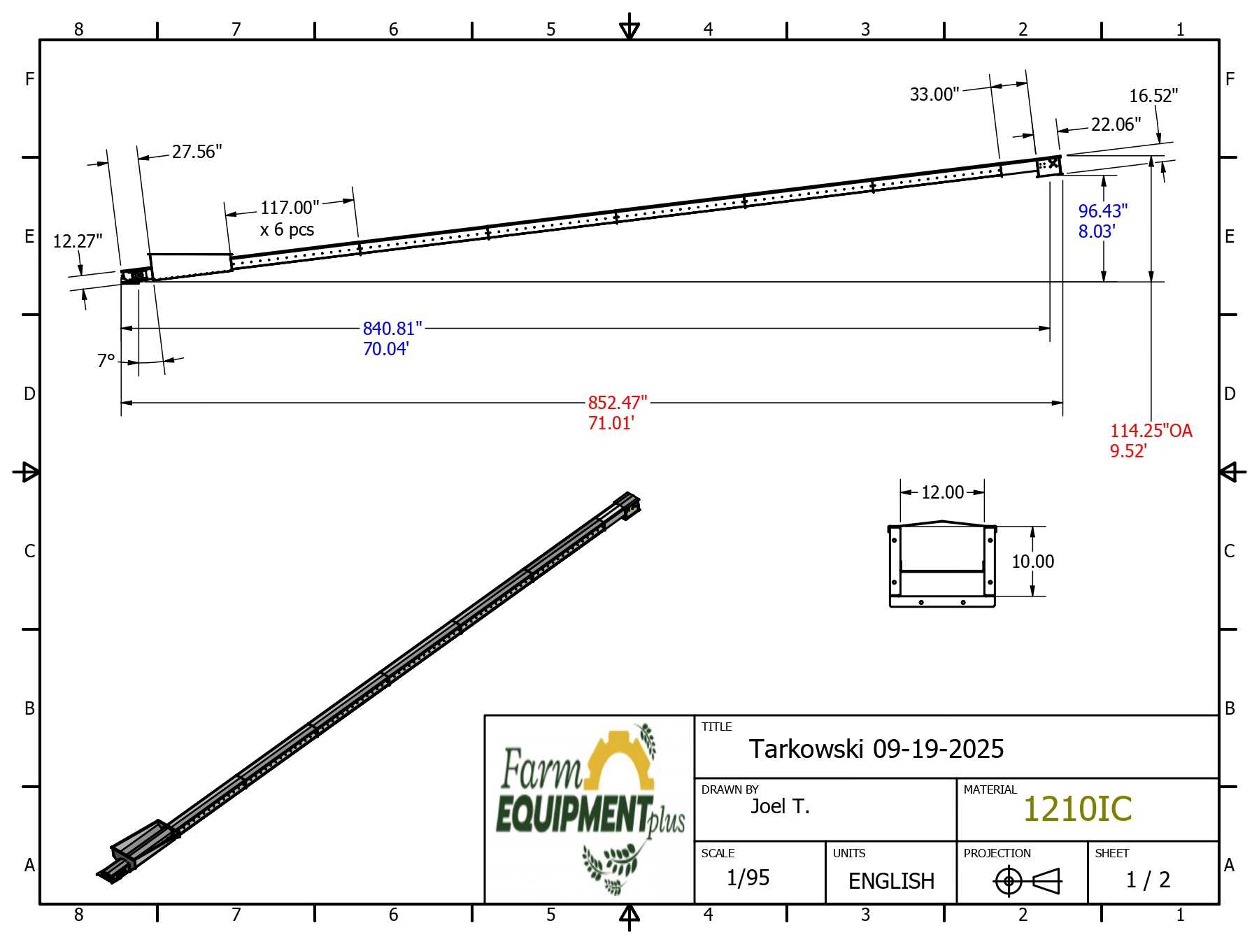 1210 en-masse conveyor 47 ft layout drawing — horizontal grain conveyor with four sections